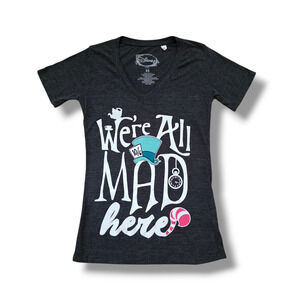 Disney Women's XS Alice in Wonderland We're All Mad Here V Neck T-Shirt